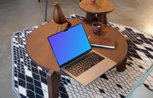 MacBook Pro 14 mockup on wooden table
