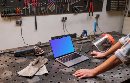 MacBook Pro mockup in workshop