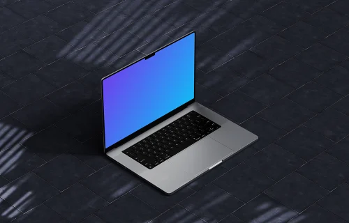 MacBook Pro mockup on a dark tiled floor