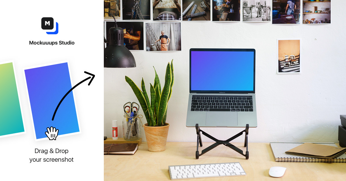 Download Macbook Pro mockup on a desk stand - Mockuuups Studio