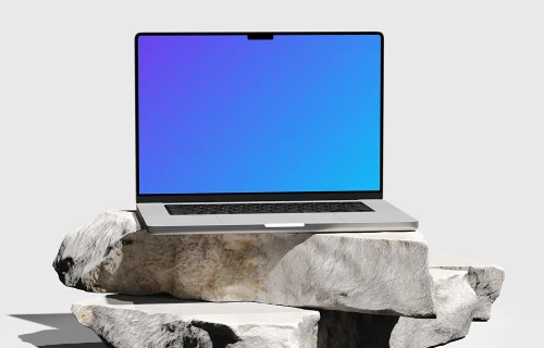 MacBook Pro mockup on natural stone platform