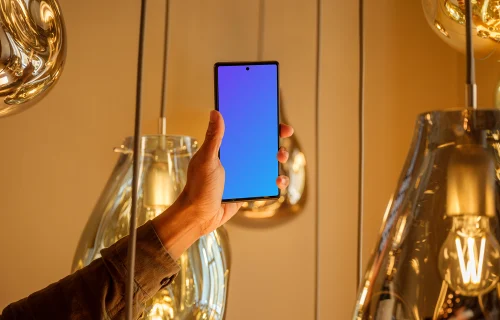 Male hand holding a Google Pixel mockup in the lounge