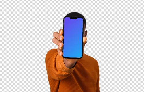 Man holding iPhone mockup in front of his face