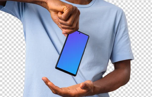 Man in light shirt holding Google Pixel mockup from the top
