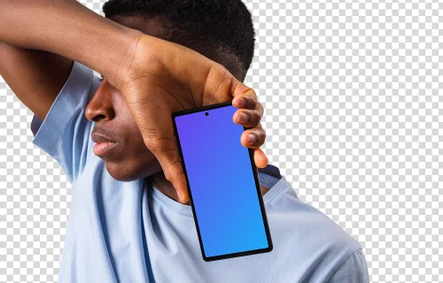 Man in light shirt holding Google Pixel mockup next to the face