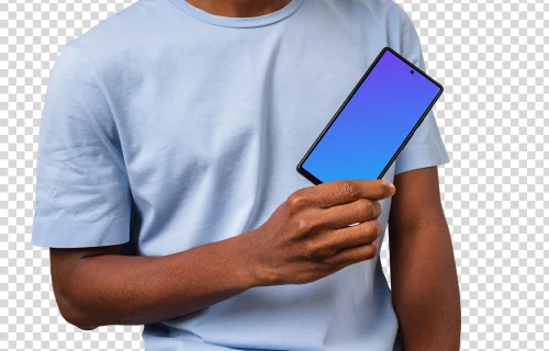 Man in light shirt holding Google Pixel with a one hand