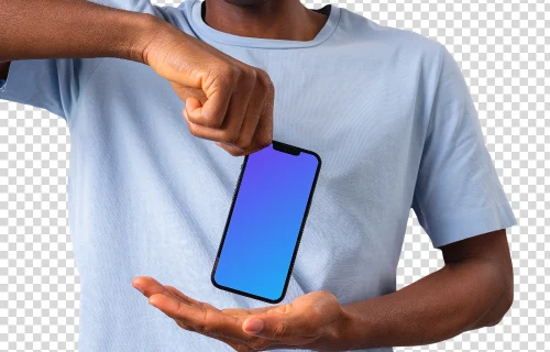 Man in light shirt holding iPhone mockup from the top