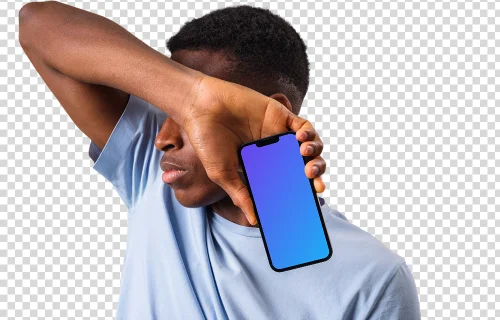 Man in light shirt holding iPhone mockup next to the face