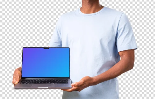 Man in light shirt holding MacBook mockup from the side