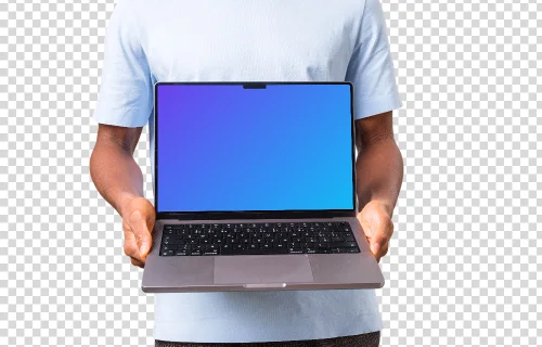 Man in light shirt holding MacBook mockup