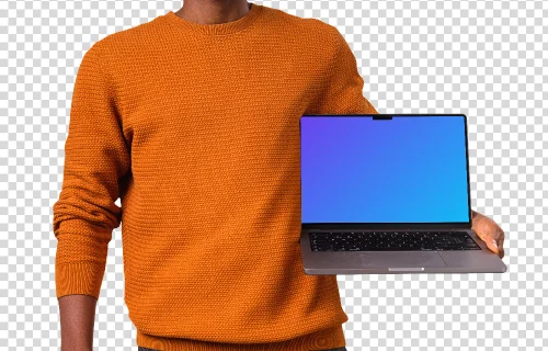 Man in orange sweater holding opened MacBook mockup from the side