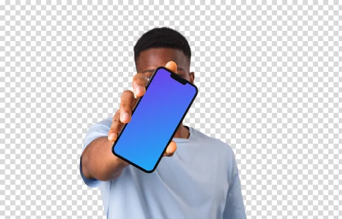 Man in shirt holding iPhone in front of his face