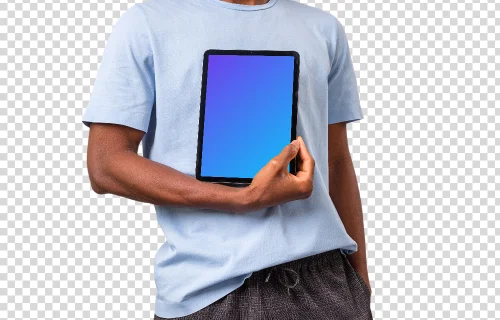 Man standing and holding iPad mockup