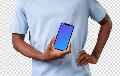 Man standing and holding iPhone mockup