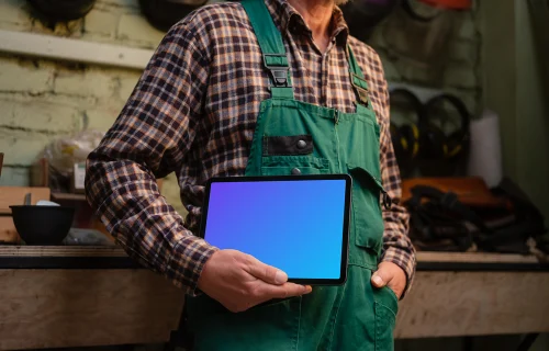 Mechanic holding an iPad Air mockup