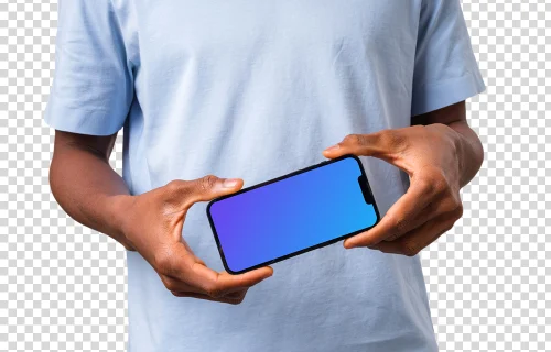 Mockup of a landscape iPhone held by man in light shirt
