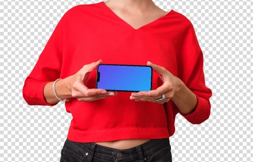 Mockup of a landscape iPhone held by woman in red shirt