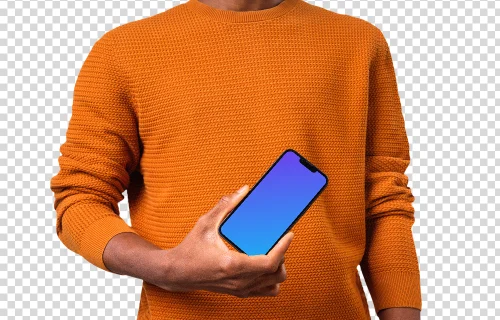 Mockup of a rotated iPhone mockup held by man in orange sweater