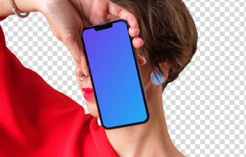 Mockup of iPhone next to the woman's face