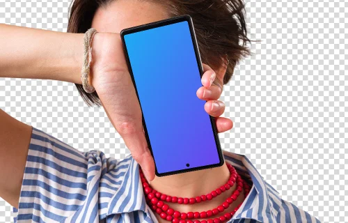 Mockup of upside-down Google Pixel next to the woman's face