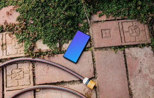 Phone mockup on a garden paving with a trailing plant