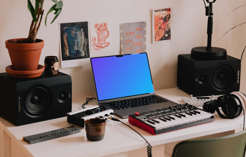 Podcast studio mockup with MacBook Pro