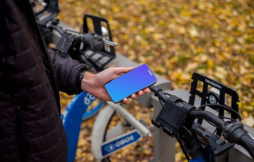 Renting a city bike with smartphone mockup