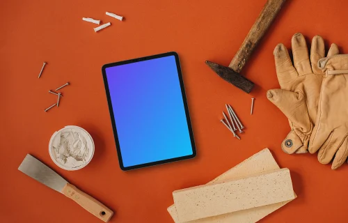 Tablet mockup in the center of a workshop space