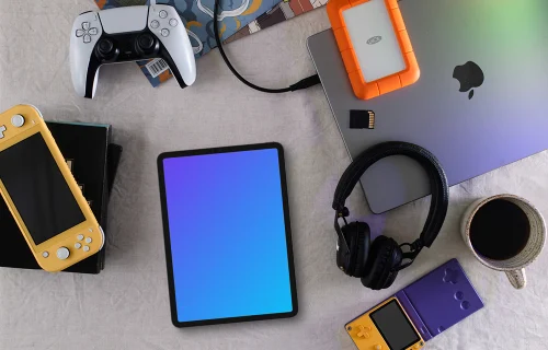 Tablet mockup on a tech-savvy gamer's desk