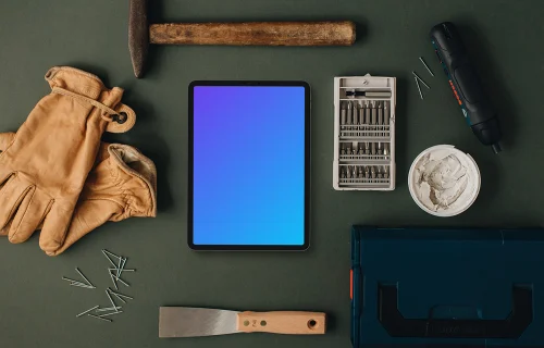 Tablet mockup with essential workshop supplies