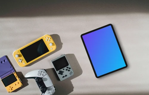 Tablet mockup with gaming consoles on a neutral background