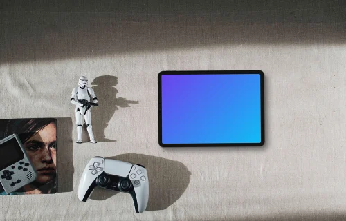 Tablet mockup with gaming theme and collectibles