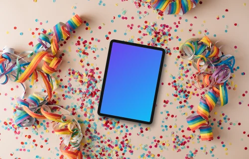 Tablet mockup with rainbow confetti