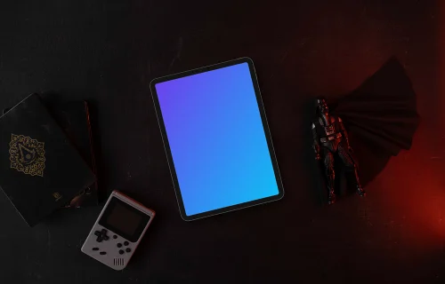 Tablet mockup with themed collectibles on dark background