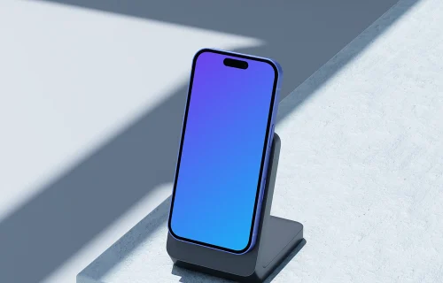 Ultramarine iPhone 16 mockup on modern stand