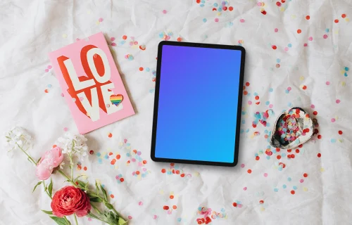 Wedding themed tablet mockup with flower adornment