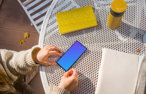 Woman hands near Google Pixel 6 with bottle and notes mockup