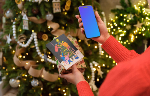 Woman holding a phone and Christmas gift