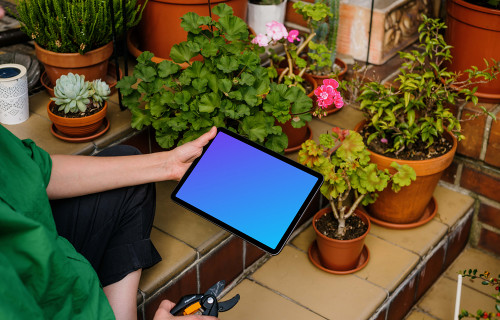 Woman holding an iPad Air mockup and taking care of flowers