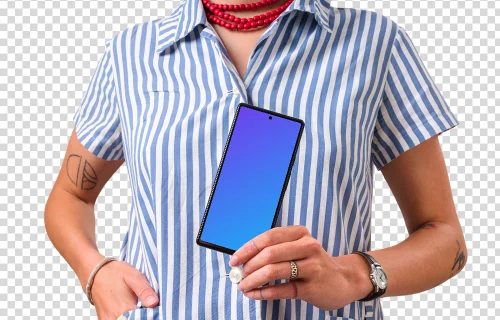 Woman holding Google Pixel mockup in one hand