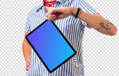 Woman holding iPad mockup from the top