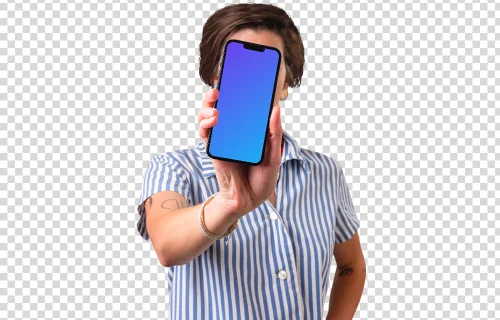 Woman holding iPhone mockup in front of her face