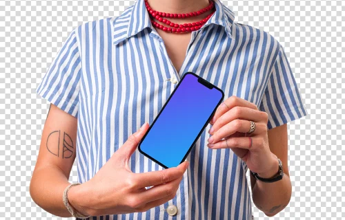 Woman holding iPhone mockup with both hands