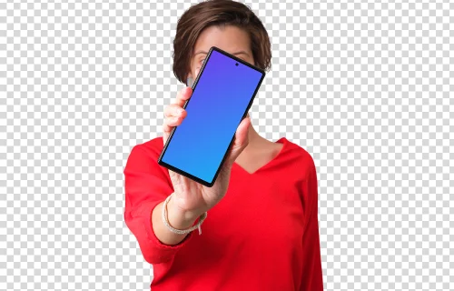 Woman in red shirt holding Google Pixel mockup in front of her face