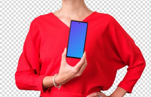 Woman in red shirt holding Google Pixel mockup in one hand