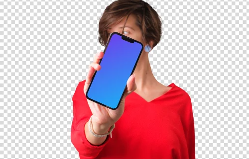 Woman in red shirt holding iPhone mockup in front of her face
