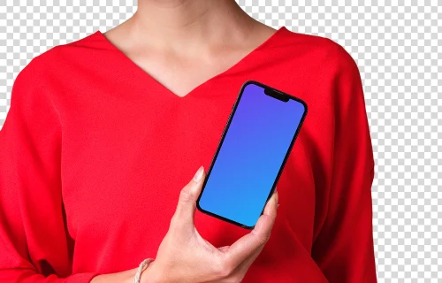 Woman in red shirt holding iPhone mockup in one hand
