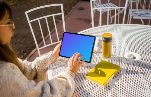 Woman pointing on tablet mockup