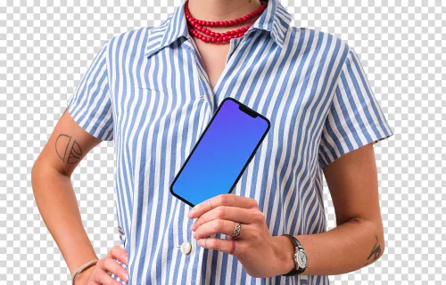 Woman showing the app on the iPhone mockup
