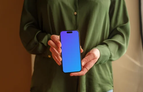 Woman standing and presenting a iPhone mockup